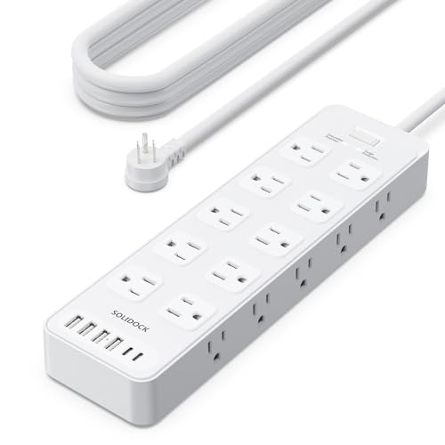 Image of Power Strip Surge Protector Flat Plug with 20 AC Outlets 6 USB Chagring Ports, 1875W /15A, 2700J, 10 Ft Heavy Duty Extension Cord for Home, Office, Dorm, Gaming,ETL Listed (White, 10FT)