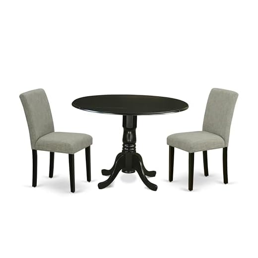 3Pc Round 42 Inch Dining Room Table With Two 9-Inch Drop Leaves And 2 Wood Seat Dining Chairs 23 East West Furniture DLAB3-BLK-06 3Pc Round 42" Dining Room Table With Two 9-Inch Drop Leaves And 2 Parson Chair With Black Leg And Linen Fabric Shitake, 3