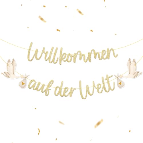 COMOOKA Willkommen Zuhause Baby Deko Gold - Willkommen auf der Welt - Herzlich Willkommen Girlande mit Storch Geburt Design - Babyparty Deko zur Geburt Junge & Mädchen