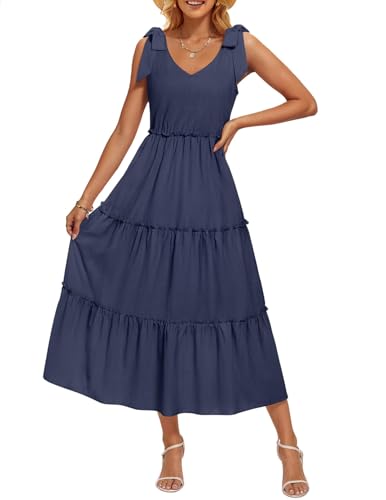 ZESICA Women's 2025 Summer Boho Casual V Neck Sleeveless Midi Dresses Tie Shoulder Flowy Tiered A Line Beach Long Sundress