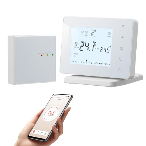 Beok Thermostat sans Fil avec Récepteur,Tuya Thermostat Connecté WiFi,Thermostats Intelligent pour Chaudière,Programmable Compatible avec Alexa et Google Home Alimentation par USB,Grand écran LCD
