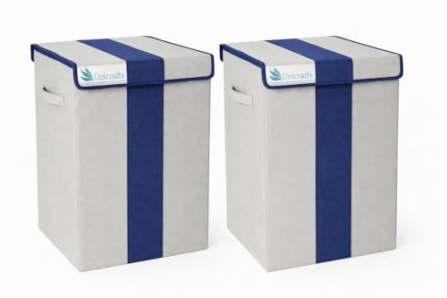 Image of UNICRAFT 68 L Foldable Laundry Basket with Lid | Large Clothes Storage Bin with Handles | Collapsible Fabric Laundry for Bedroom, Bathroom & Home Organization (Grey, BlUE, Pack of 2)