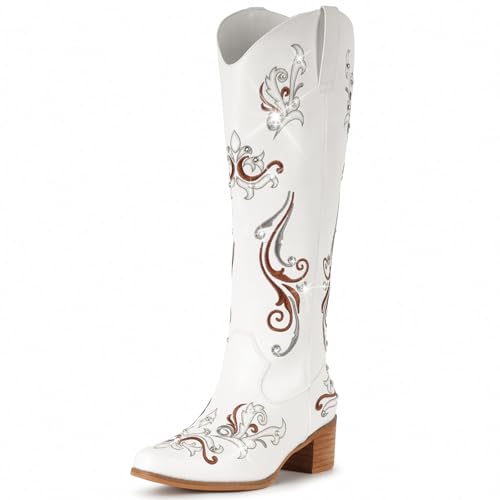 IUV Cowboy Boots for Women Sparkly Rhinestone Cowgirl Boots with Embroidery,Pointed Toe Chunky Knee High Western Boots4