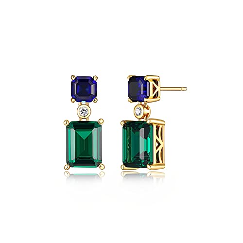 Emerald Earrings 18K Gold Plated Trendy Dainty Cute Blue Green Gemstone Dangle Earrings for Women，Jewelry Rose Box Earring Gifts for Her Woman Wife Mom
