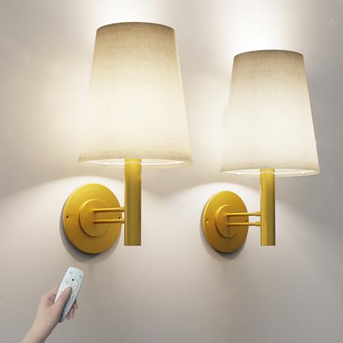 Starxing Wandlampe innen 2 Stück, 4400mAh Vintage Wandleuchten mit Stoffschirm, Retro Kabellose Wandlampen Fernbedienung für Schlafzimmer Wohnzimmer