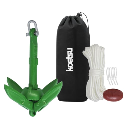 KOETSU アンカーキット、0.7 kg、折りたたみ式、完全に引っ掛かり防止、6mm 20m アンカーロープ、収納バッグ、ラッシングストラップ、アンカーボール付き、小型ボート、カヤック、SUP、インフレータブルボート、ジェットスキー、湖釣り、浅瀬釣り、アンカー釣りに最適 緑