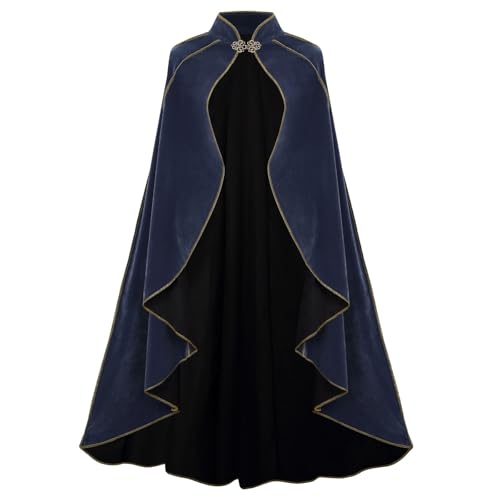 AGCOAH Womens Medieval Cloak Renaissance Victorian Deluxe Stand Collar Velvet Gold Trim Blue Grey Cape for Adult Halloween Cosplay Dress Up 43.3Inch