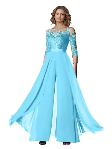 Half Sleeve Chiffon Ruffles Mother of The Bride Pant Suits Lace Applique for Wedding Formal Outfits Women Jumpsuits