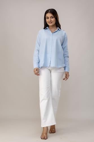 Image of Women's Linen Blend Shirt | Casual Collared Button Down Shirt for Women | Solid Color Full Sleeve Oversized Fit | Summer Casual & Office Wear Top