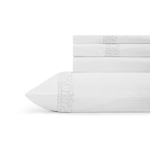 Linen Home 100% Cotton Percale Gardenia Lace Sheets, King Size, White, Deep Pocket, 4 Pieces Set - 1 Flat, 1 Deep Pocket Fitted Sheet and 2 Pillowcases, Crisp Cool and Strong Bed Linen