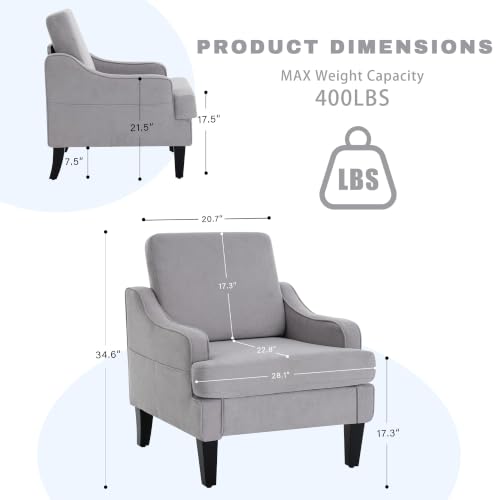 Image of Mid-Century Accent Chair, Comfy Arm Chair Upholstered Living Room Chair for Bedroom, Fabric Reading Chair with Wood Legs for Apartment, Waiting Room, Vanity Room (Gray)