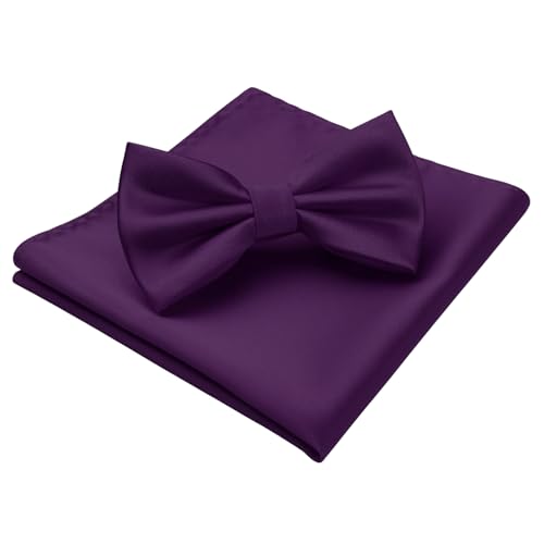 Image of HISDERN Bow Ties for Men Solid Color Pre-Tie Bow Tie and Pocket Square Set Classic Formal Tuxedo Bowties for Wedding Party
