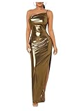 Floerns Women's One Shoulder Sleeveless Ruched Slit Hem Metallic Bodycon Long Dress Gold Medium