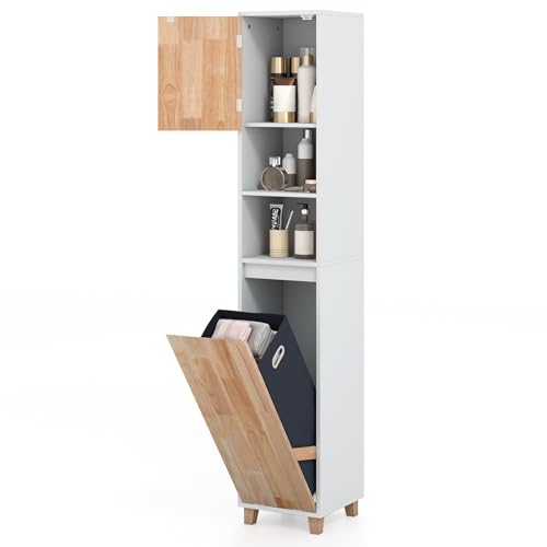 GIANTEX Armario de Baño Alto, Mueble Columna de Madera con Cesta para Ropa Sucia, Puerta y Cubos Abiertos, 31 x 32 x 170,5 cm, Armario de Almacenamiento para Salón, Cocina, Dormitorio