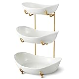 HOMKULA Ceramic Fruit Bowl for Kitchen Counter - 3 Tier Fruit Basket with Metal Stand, Tiered Fruit Stand for Countertop, Snack, Nuts, Cake, Dessert, Cute (Gold, Small)