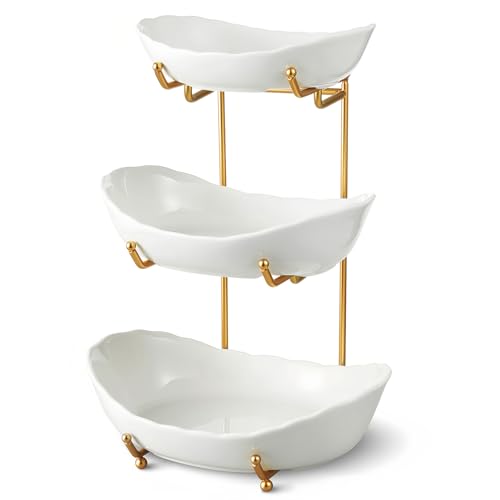 HOMKULA Ceramic Fruit Bowl for Kitchen Counter - 3 Tier Fruit Basket with Metal Stand, Tiered Fruit...