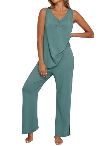 PrinStory Womens Pajama Sets Soft Knit Pjs 2 Piece Sleeveless Pajama Set Summer Lightweight Pj with Pockets Haze Blue-3XL