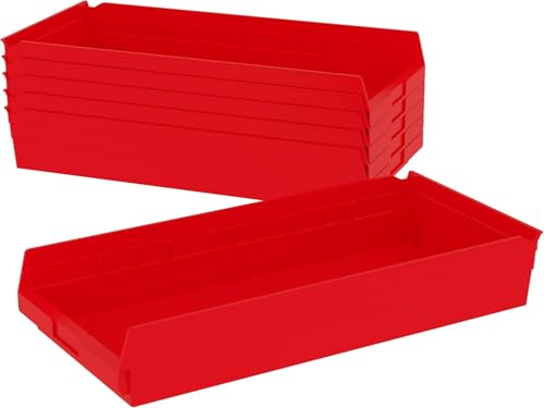 Image of Akro-Mils 30174 Plastic Shelf Bins, Heavy Duty Storage Bins for Garage, Closet, and Drawer Organization, 24-Inch x 11-Inch x 4-Inch, Red, 6-Pack