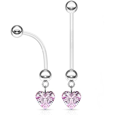 GBJUK 14g Pink Heart Gem Dangle Bioflex Pregnancy Belly Button Bar Long Navel Ring Maternity Piercing Jewellery Cover
