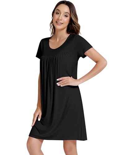 Image of NACHILA Bamboo Viscose Nightgown for Women Short Sleeve Crew Neck Sleepwear