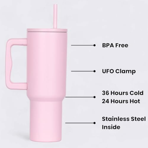 Image of 1200ML Stainless Steel Tumbler with Handle & Lid, 2 Straws - Large Travel Mug Water Cup for Gym, Office & Outdoor Use (Pink)