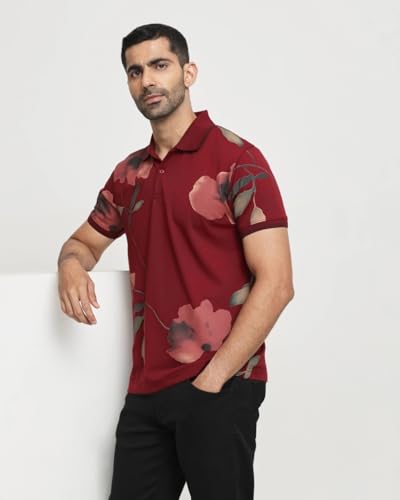 Image of MUFTI Maroon Floral Polo T Shirt