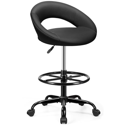 BESTFAIR Office Drafting Chair - Bar Stools with Back Support, Adjustable Foot Rest and Wheels, Shop Rolling Swivel Chair for Standing Desk Counter Kitchen Salon Home Vanity, Black