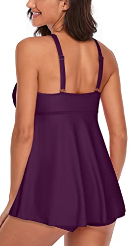 Uniqweto Women's Tummy Control Tankini 2 Piece Swimderss Tank Top Horts Swimswear Swimsuit, Deep Purple, Medium #TOP2