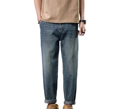 Men Stretch Jean Trousers Elastic Waist Casual Straight Loose Fit Denim Pants Streetwear