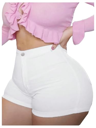 BEAUDRM Womens Stretchy Jean Shorts High Waisted Straight Leg Skinny Denim Shorts Sexy Butt Lifting Cowgirl Outfits White Large