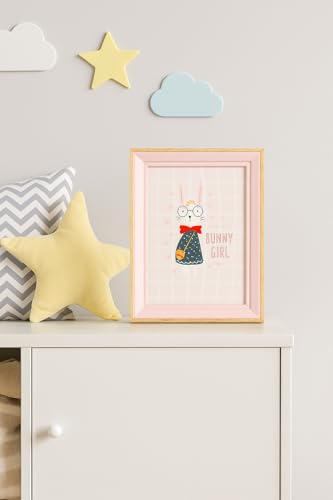 Image of Decorative Wooden Photo Frame 4x6, Pink & Natural Frame for Kids Room, Cute Bunny Illustration Picture Frame, 20cm x 15cm, Tabletop & Wall Display
