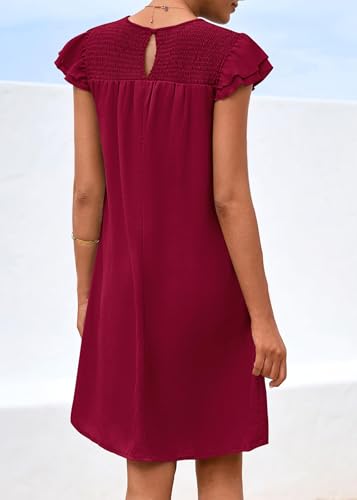 Image of KIRUNDO Wedding Guest Shift Dresses for Women Short Spring Summer Ruffle Cap Sleeve Chiffon Babydoll Flowy Mini Sundress(Jujube Red, Medium)