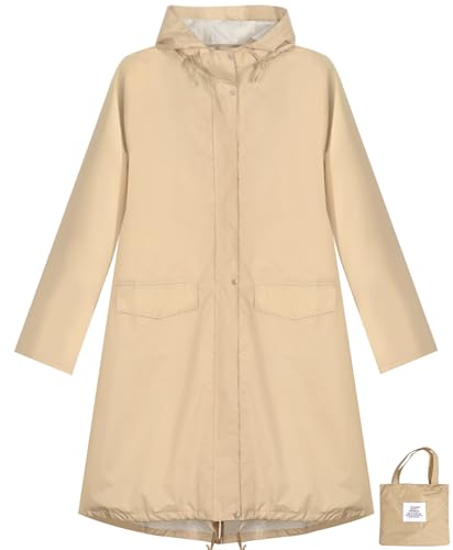 ANYOO Women's Waterproof Raincoat Lightweight Rain Jacket Hooded Long Rain Coat with Pockets for Adults Outdoor Activities(Khaki) One Size