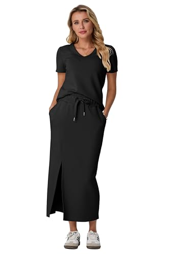 Image of GRECERELLE Women Summer Casual 2 Piece Sets V-Neck Wrinkle-Free Top & Elastic Waist Midi Side Slit Skirt with Pockets