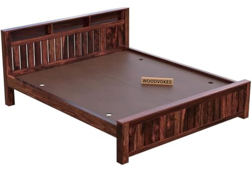 Image of Sheesham Wood Bed Without Storage Solid Wooden Cot Bed Elegant and Functional Bedroom Living Room Home (Walnut Finish, King)
