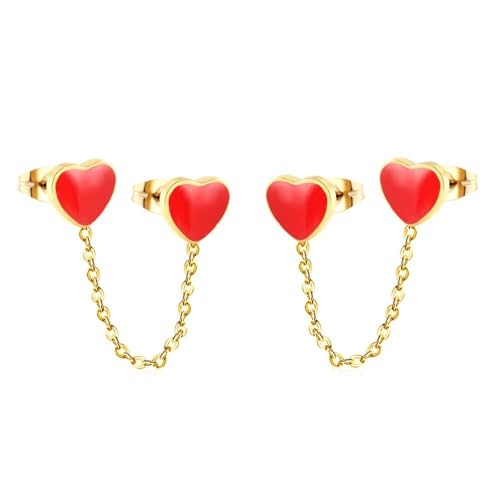 Double Piercing Tiny Heart Stud With Chain Cuff Earrings for Women Stainless Steel Gold-tone Colorful Enamel Love Hearts Cartilage Two Holes Fashion Climber Crawler Trendy Jewelry for Her Bff (Red)