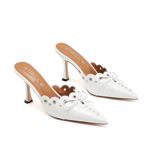 Image of Kitten Heel Mules for Women Bow Tie Suede Stiletto Heels Mule Pointed Toe Studs Slide Heeled Sandal Pumps for Wedding Dress Party
