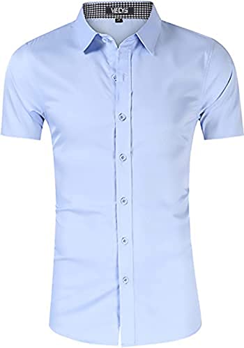 Vecys Chemise pour Homme à Manches Courtes sans Repassage Unie Respirant Slim Fit Casual Bleu, S Cover