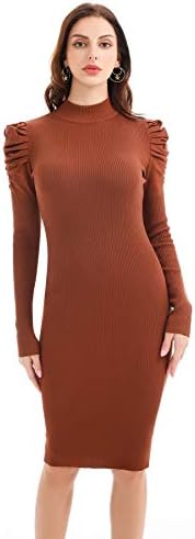 Vestido feminino midi de inverno com manga bufante canelada gola ...