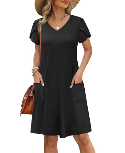 Image of OFEEFAN Womens Summer Dresses 2026 Tulip Petal Short Sleeve V Neck Loose Swing Sundresses with Pockets Plain /Print