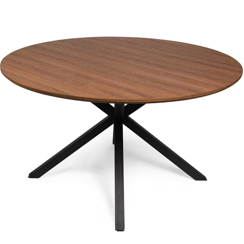 LUCKYERMORE 53" Round Dining Table for 4-6, Mid-Century Modern Dining Room Table with Metal Cross Legs, Large Wood Leisure Circle Coffee Table for Kitchen, Office, Living Room, Walnut, Easy-Assembly