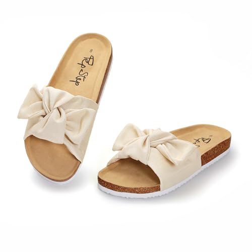 Image of PepStep Slide Sandals for Women or Ladies Dressy Summer Casual, Cute Bow Tie Knot On Top Strap, Comfy Slip On Cork Foot Bed