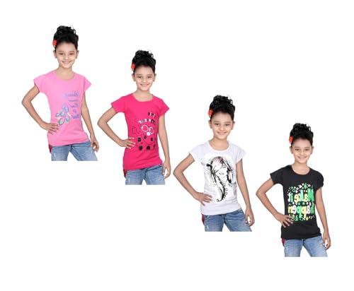 Image of indi weaves Girls Pure Cotton Chest Printed Half Sleeves Round Neck T-Shirts (Pack of 4)