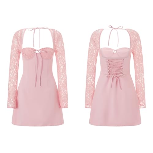 Image of Women Lace Mini Dress Sexy Square Neck Lace Long Sleeves Backless Tie-Up A-Line Short Dresses Cocktail Bodycon Dress