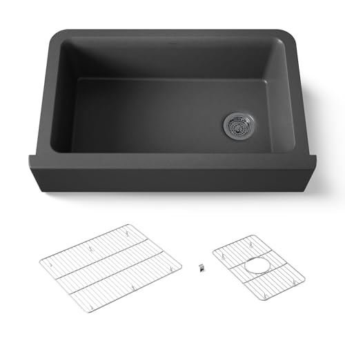 KOHLER K-25786-CM7 Cairn 34" Undermount Single-Bowl Farmhouse Kitchen Sink, Neoroc Composite Kitchen Sink with Sink Rack and Towel Hook, Matte Graphite