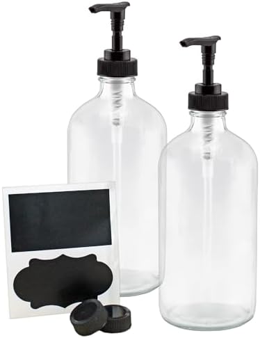 Cornucopia Brands 16-Oz Clear Glass Pump Bottles (2-Pack); Refillable Soap Dispenser Black Lotion Pump Transparent Boston Round Bottles + Chalk Labels & Lids