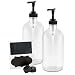 Cornucopia Brands 16-Ounce Clear Glass Bottles w/Pump Dispensers (2-Pack); Refillable Liquid Soap Black Lotion Pump Transparent Boston Round Bottles + Chalk Labels & Lids, BPA-Free Plastic Tops