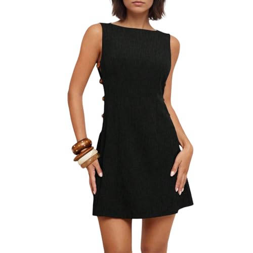 GCZREN Women Sexy Boat Neck Waist Cut Out Short Tank Dress Y2K Sleeveless Open Back A-Line Mini Dresses with Beads(S,Black)