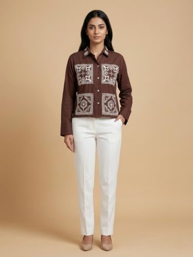 Image of Stylish Women's Embroidered Shirts | Geometric Pattern Half Sleeve Collared Button-Up Casual Shirt for Women