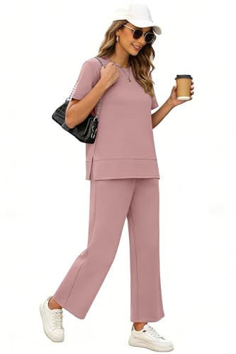 Image of XIEERDUO Women's Side Slit Lounge Sets 2026 Fashion 2 Piece Travel Outfits Cozy Loungewear Wide Leg Tracksuits S-3XL